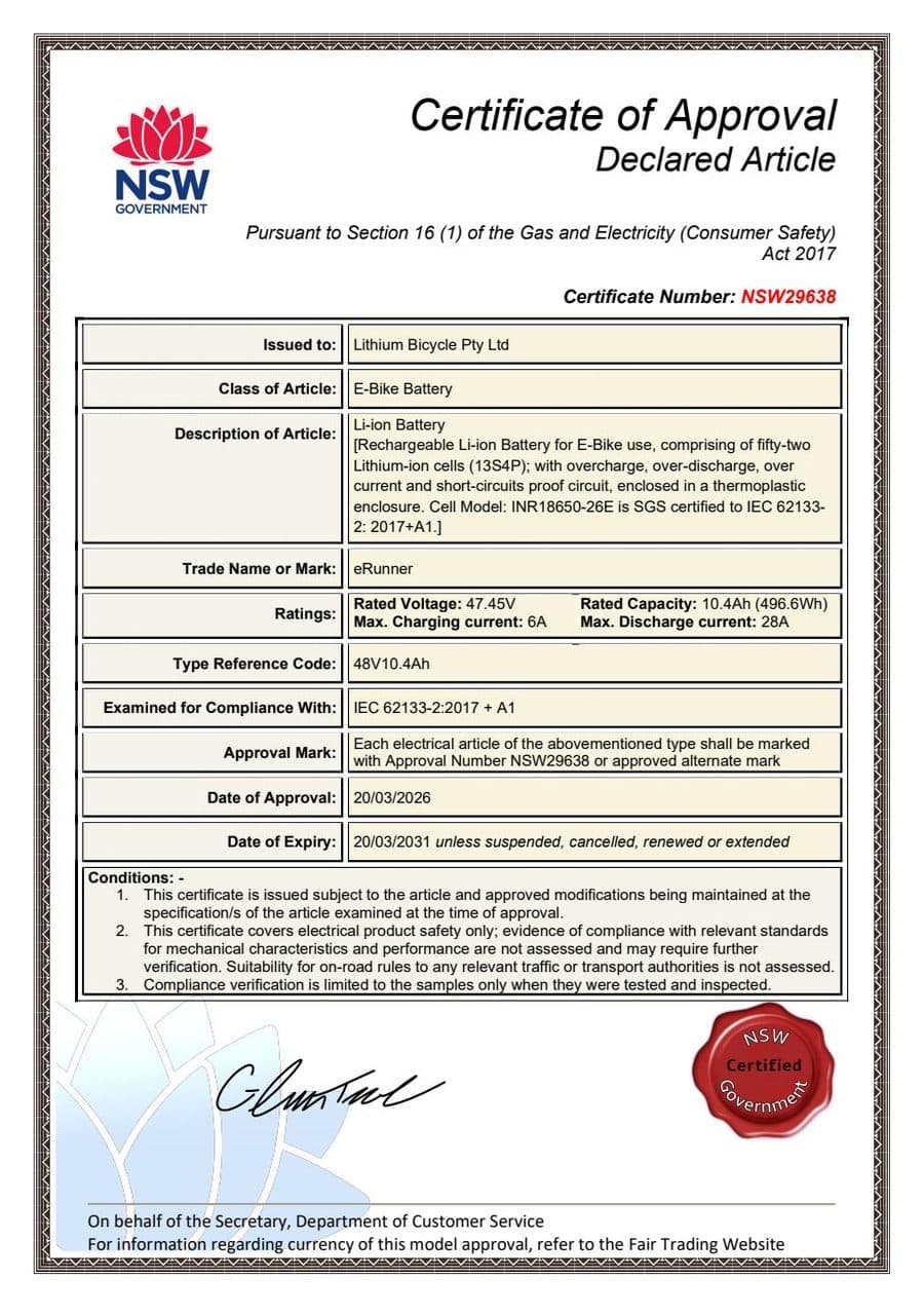 48V10.4Ah Lithium Battery – certificate NSW29638