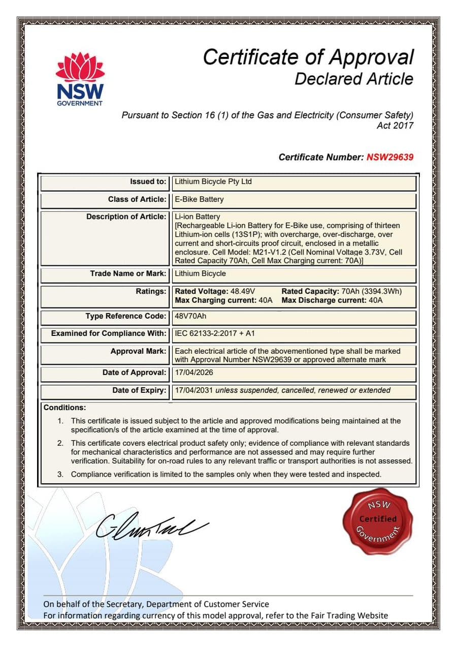 48V70Ah Lithium Battery – certificate NSW29639