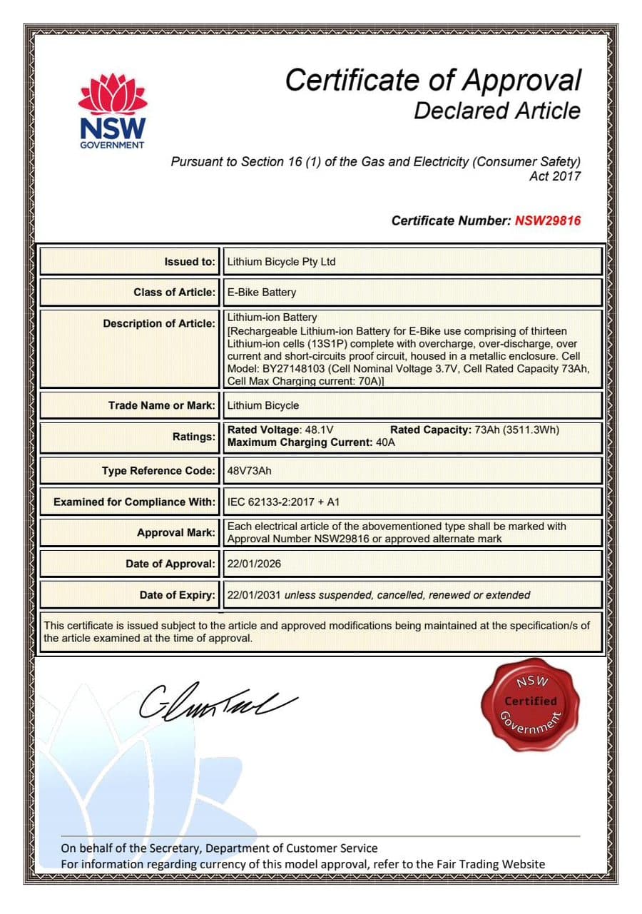 48V73Ah Lithium Battery – certificate NSW29816