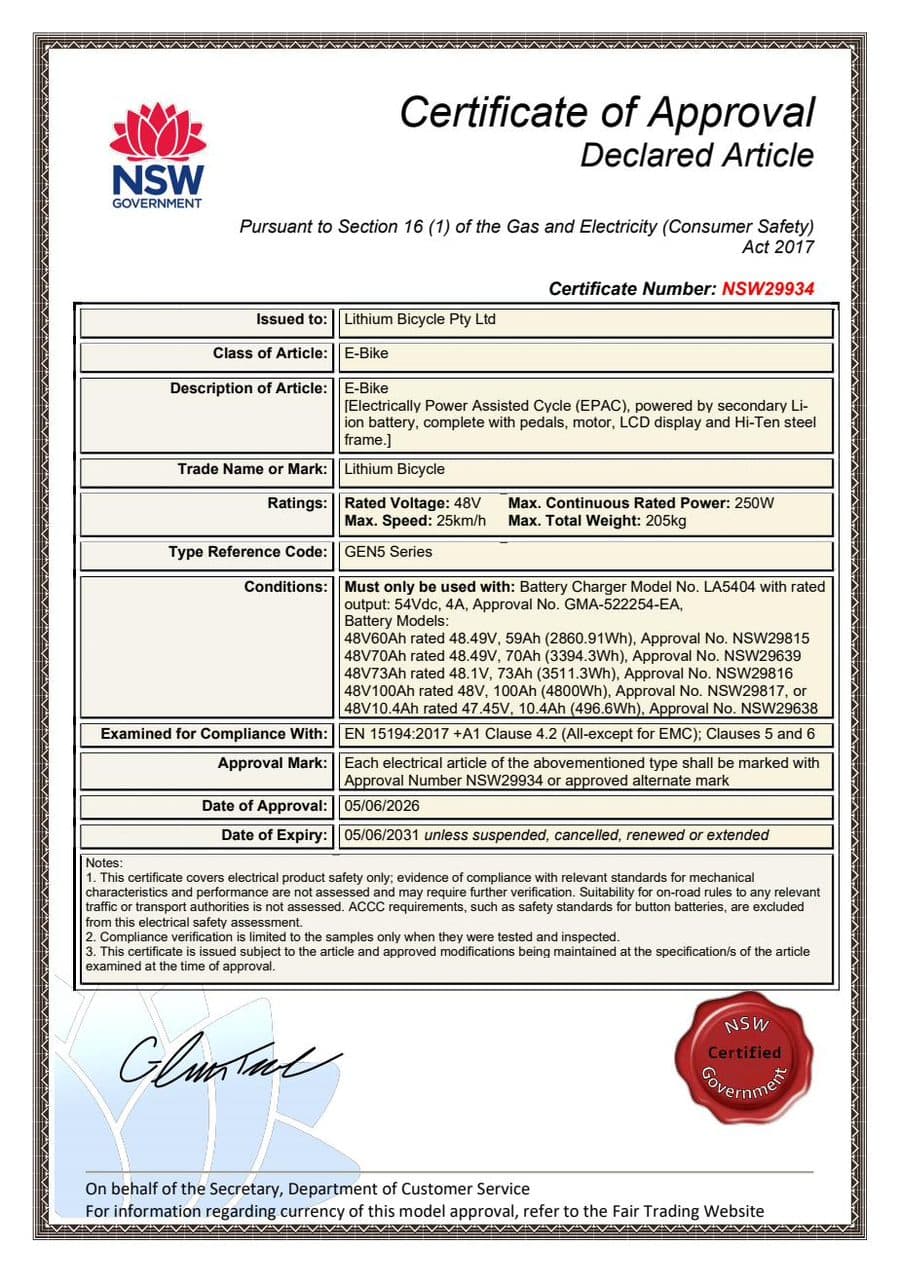 E-Bike – Certificate of Approval – certificate NSW29934