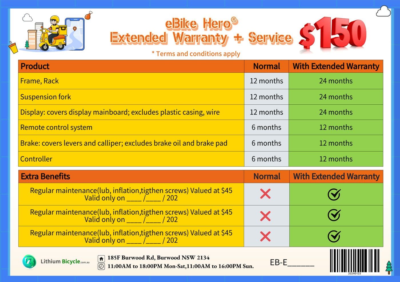 eBike Hero Extended Warranty + Service - $150, warranty doubled plus 3 free services